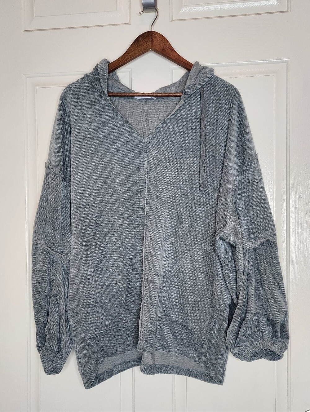 Calista Slouchy V-Neck Knit Balloon Sleeve Hoodie Grey Large